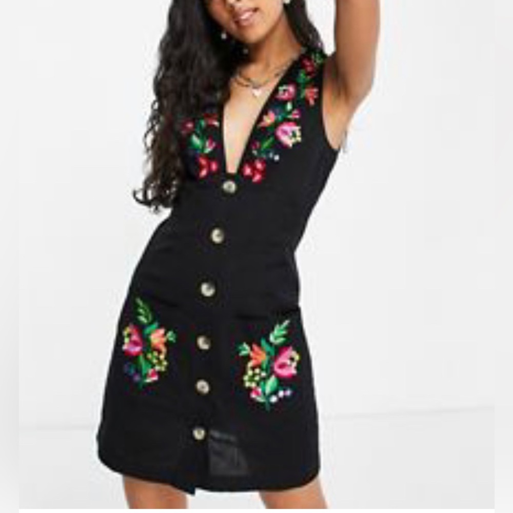 ASOS sleeveless embroidered button through mini dress